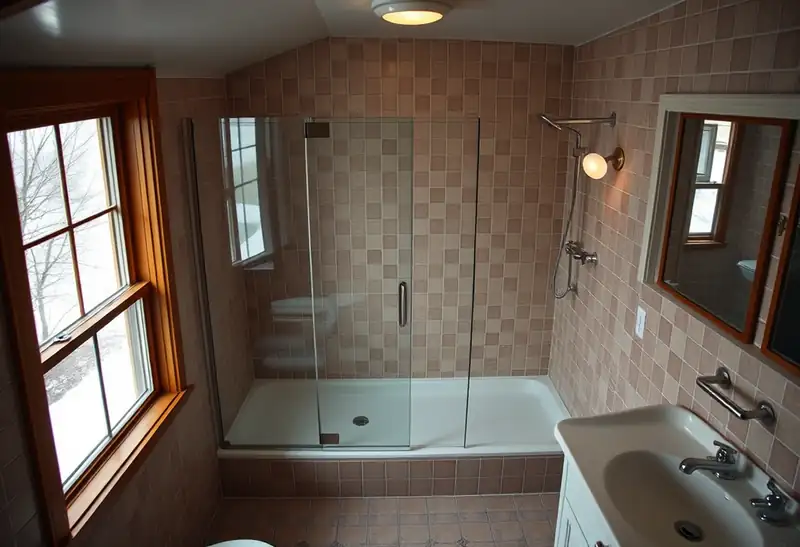 Illustration of bathroom with a walk-in glass shower and tiled walls in a 1953-era home
