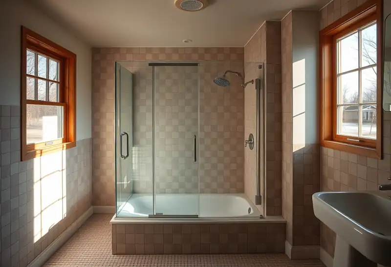 Illustration of bathroom with a walk-in glass shower and tiled walls in a 1953-era home