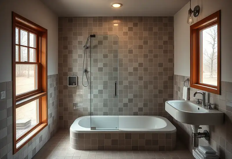 Illustration of modern bathroom with walk-in glass shower and neutral-toned tiles.