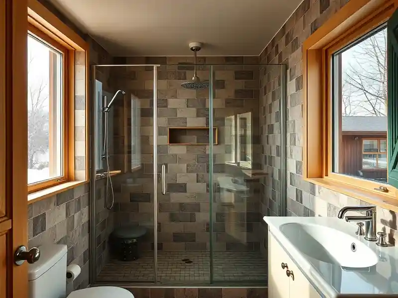Illustration of modern bathroom with stone-textured walls and glass shower.