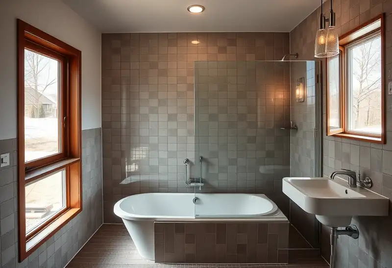 Illustration of bathroom with a walk-in glass shower and tiled walls in a 1953-era home