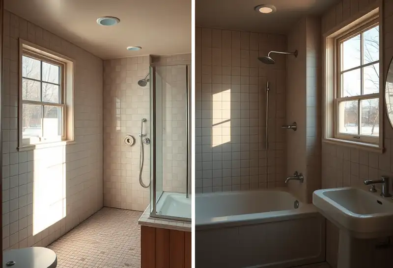 Illustration of bathroom with a walk-in glass shower and tiled walls in a 1953-era home