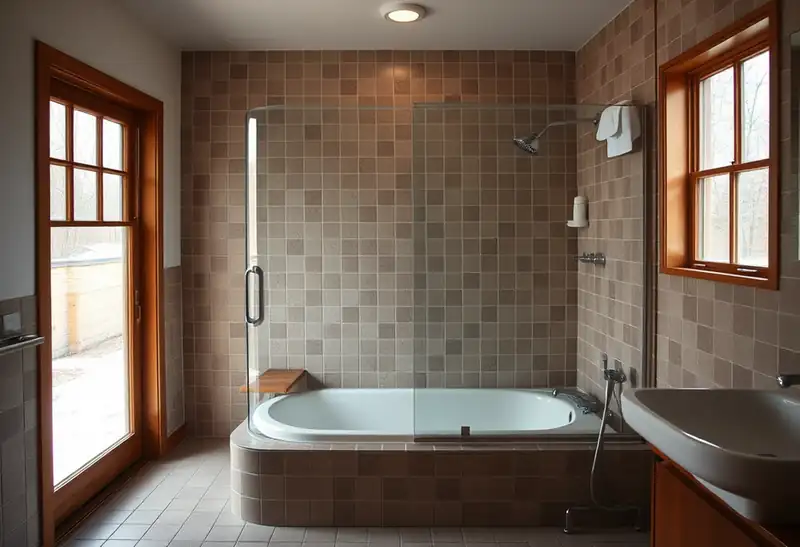 Illustration of bathroom with a walk-in glass shower and tiled walls in a 1953-era home