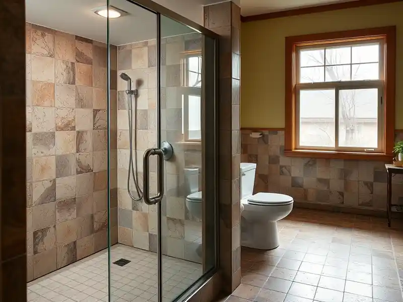 Illustration of close-up of materials and finishes of bathroom with a walk-in glass shower and tiled walls in a 1953-era home