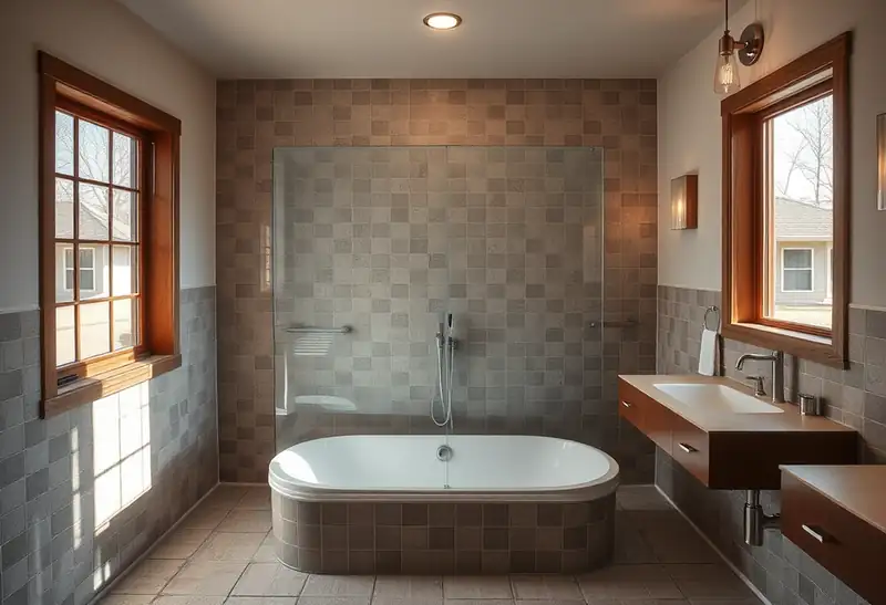 Illustration of bathroom with a walk-in glass shower and tiled walls in a 1953-era home