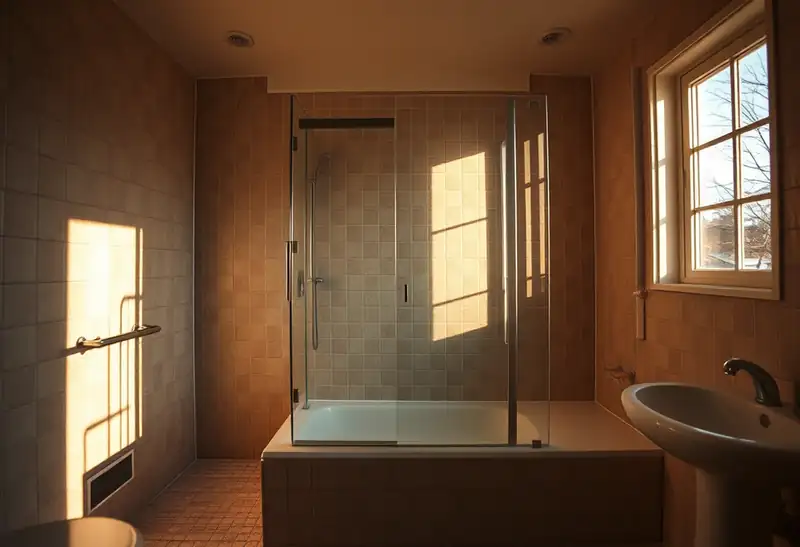 Illustration of bathroom with a walk-in glass shower and tiled walls in a 1953-era home