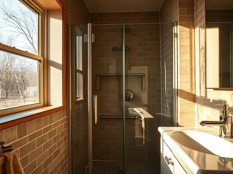 Illustration of close-up of materials and finishes of bathroom with a walk-in glass shower and tiled walls in a 1953-era home