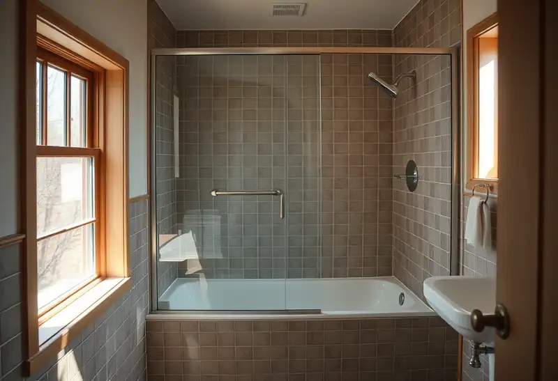 Illustration of bathroom with a walk-in glass shower and tiled walls in a 1953-era home