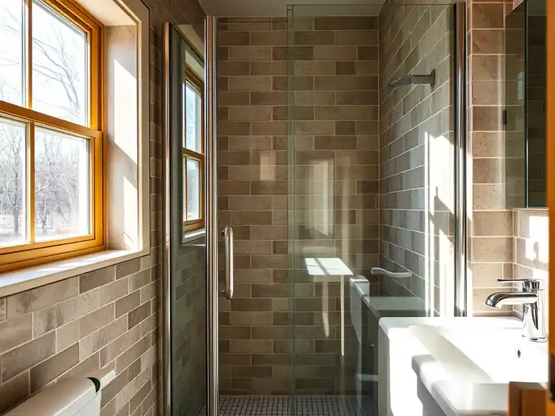 Illustration of close-up of materials and finishes of bathroom with a walk-in glass shower and tiled walls in a 1953-era home