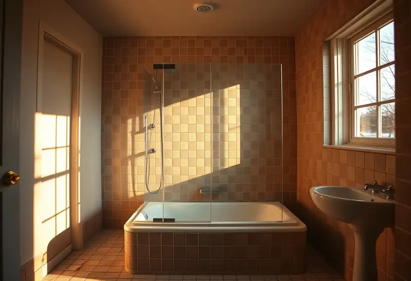 Illustration of bathroom with a walk-in glass shower and tiled walls in a 1953-era home