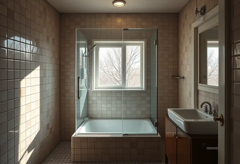 Illustration of bathroom with a walk-in glass shower and tiled walls in a 1953-era home