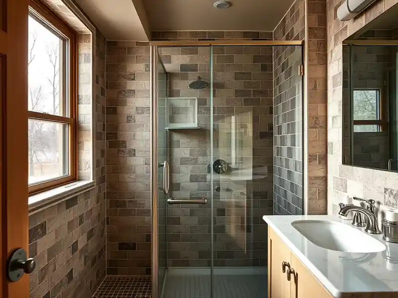 Illustration of close-up of materials and finishes of bathroom with a walk-in glass shower and tiled walls in a 1953-era home