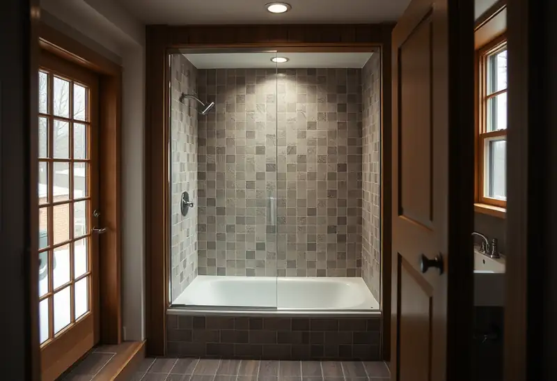 Illustration of bathroom with a walk-in glass shower and tiled walls in a 1953-era home