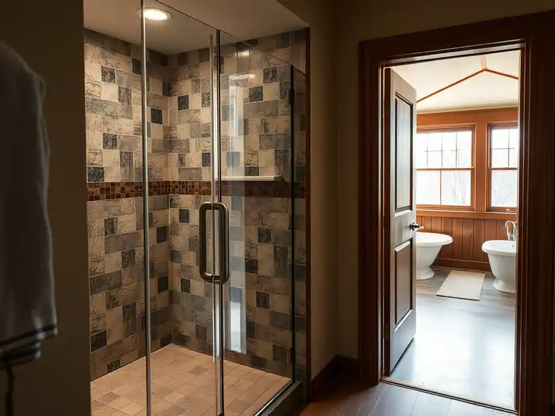 Illustration of close-up of materials and finishes of bathroom with a walk-in glass shower and tiled walls in a 1953-era home